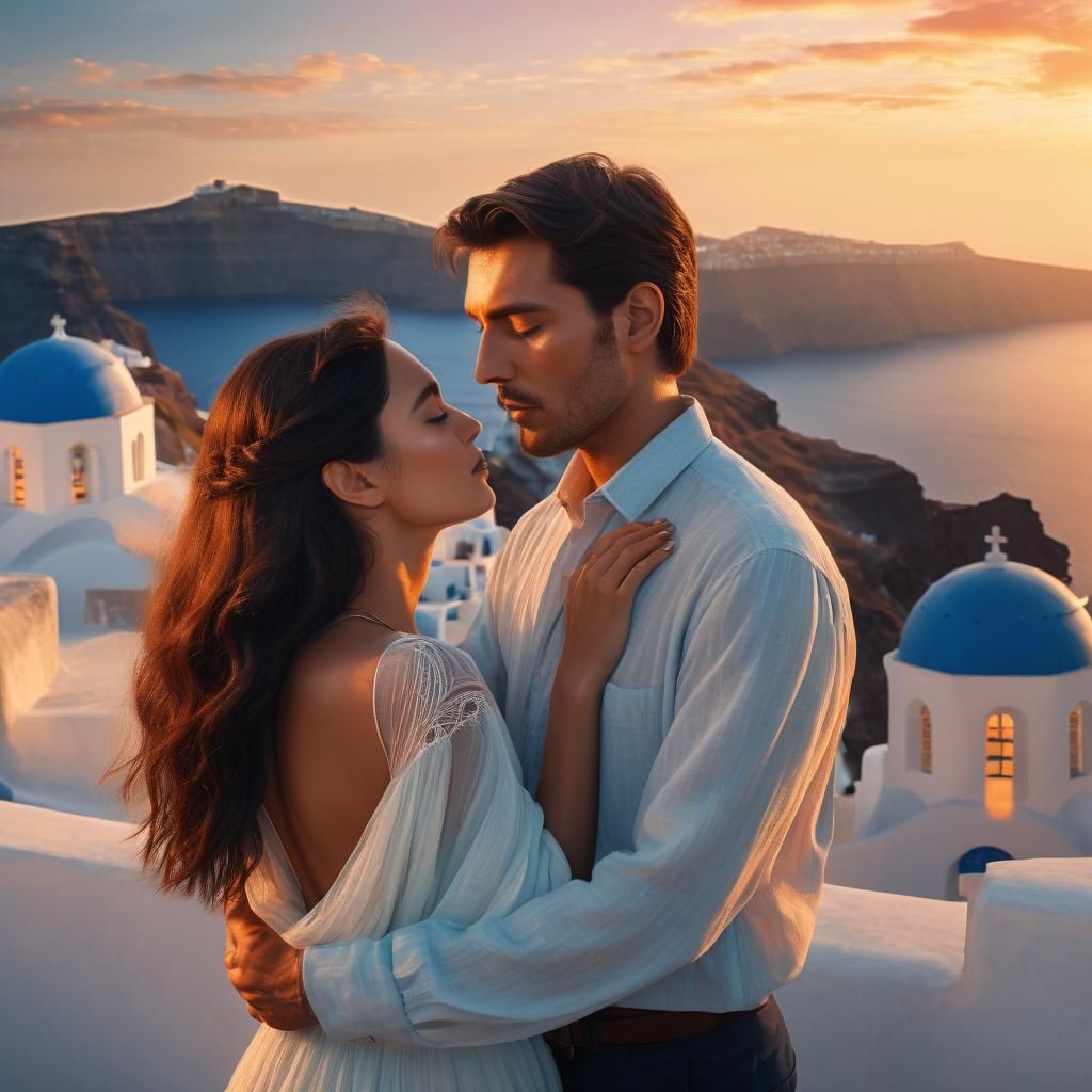 Romantic Couple Kissing in Santorini Sunset, Digital Art