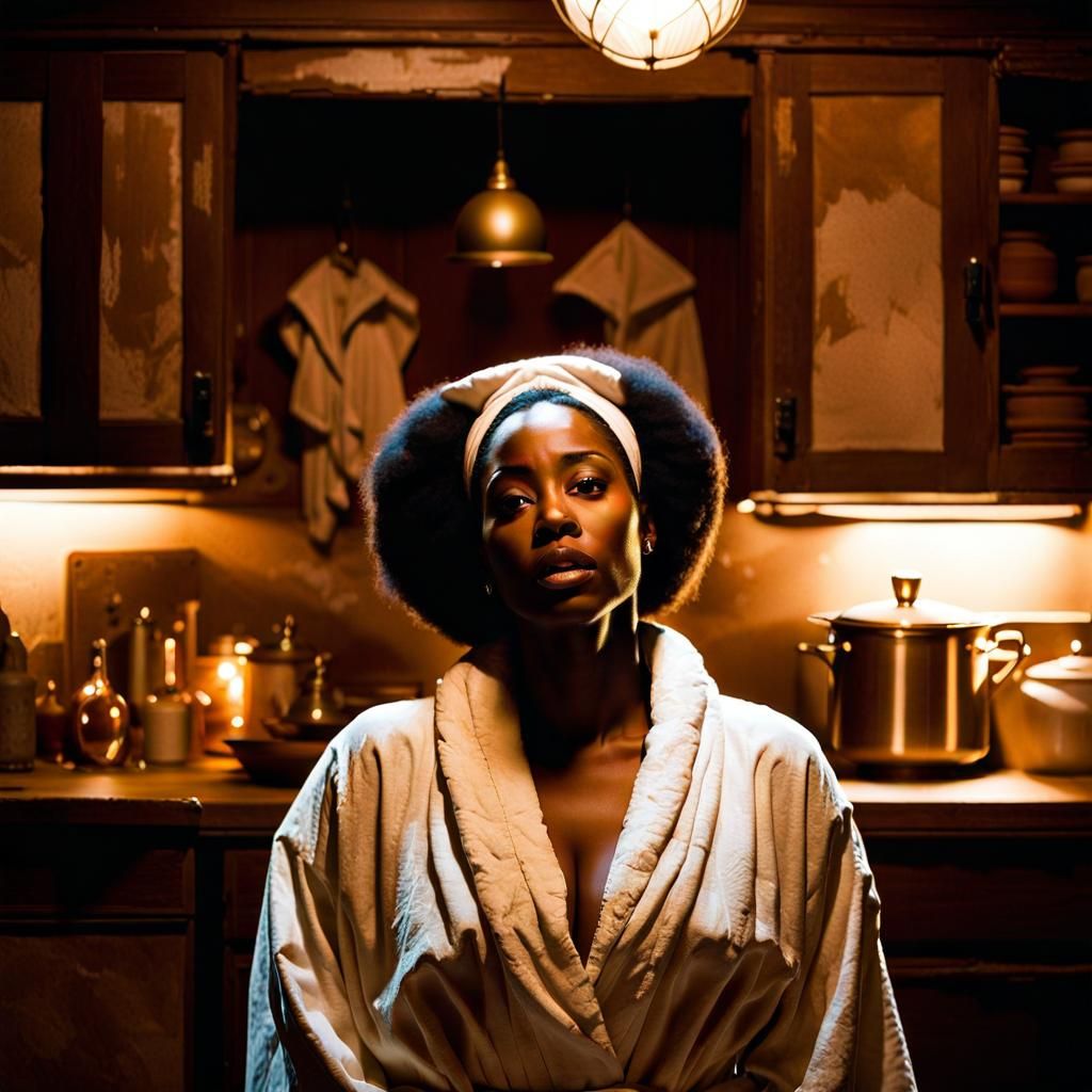 Confrontation: Gothic Horror in a Dimly Lit Kitchen