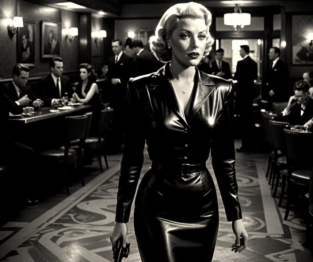 Sultry Lana Turner in Black Leather as a 1940s Film Noir Ico...