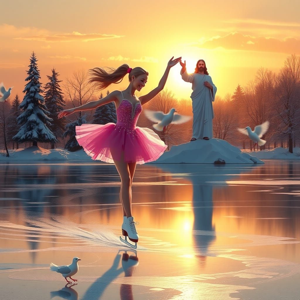 Barbie Figure Skater in Whimsical Sunset Scene with Jesus