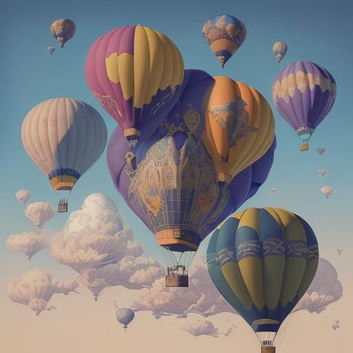 cat themed air balloon flying in the sky over a cat city, watercolour ink mixed media, intricate detail, vibrant, fantas...