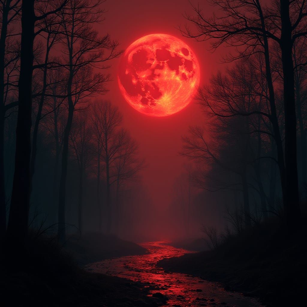 Eerie Red Moon Over Gloomy Forest
