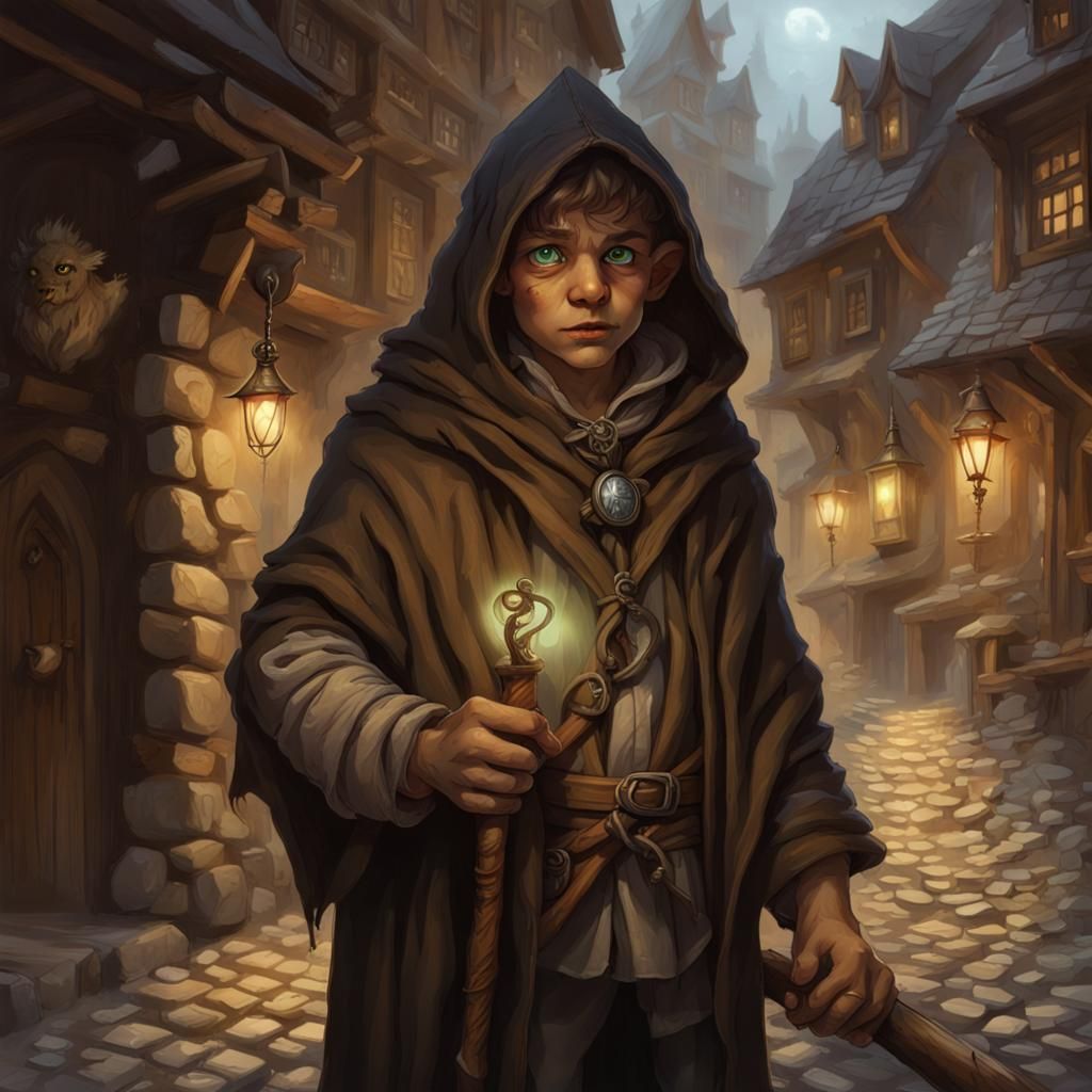 A halfling druid wearing a hooded cloak standing on a cobble...