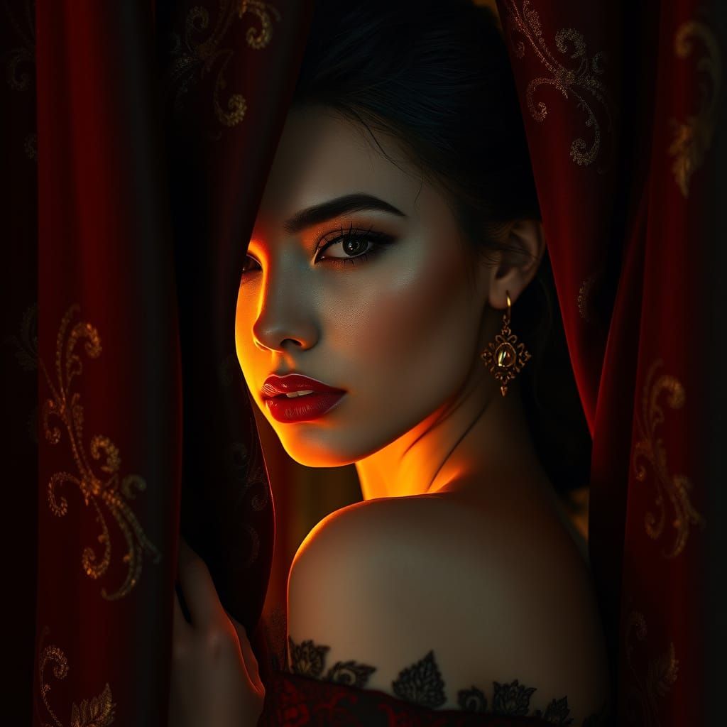 Confident Beauty Behind Velvet Drapery