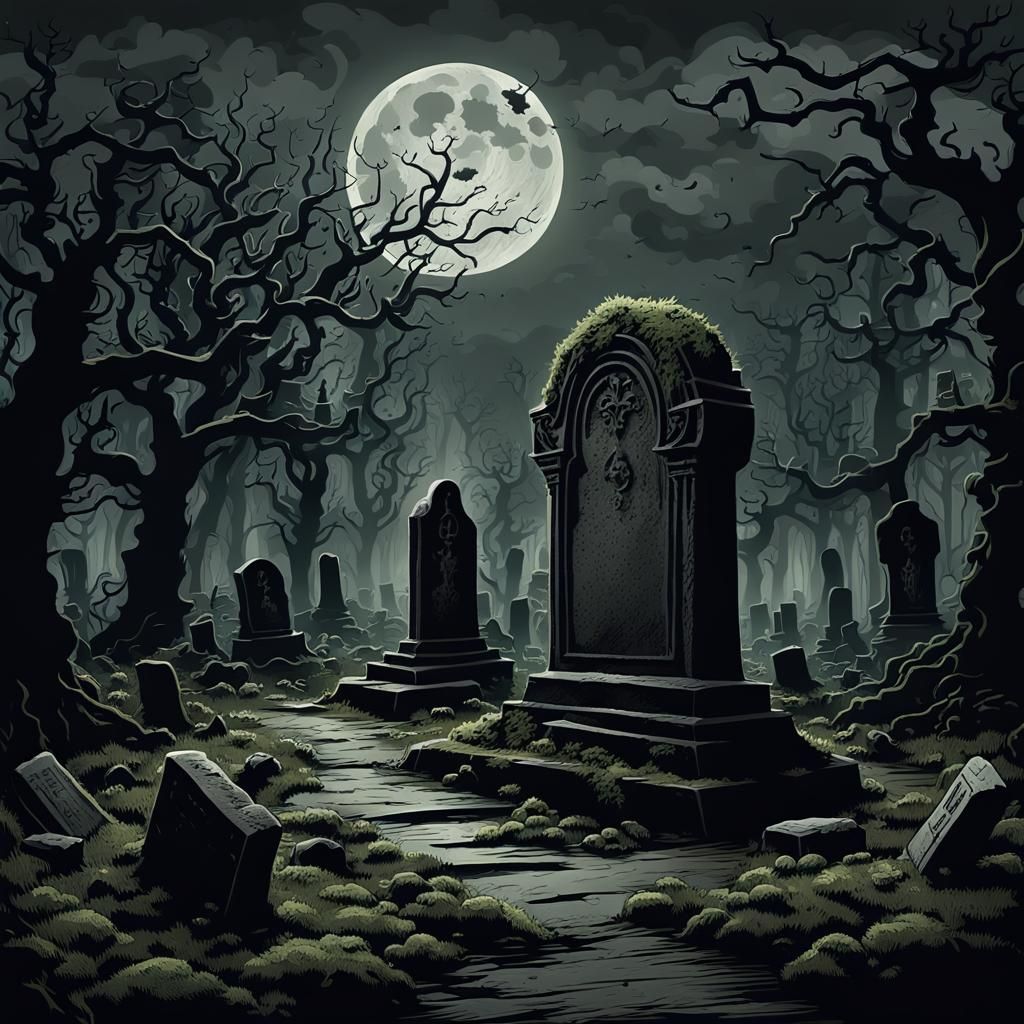 Eerie Graveyard Illustration in Dark Fantasy Style