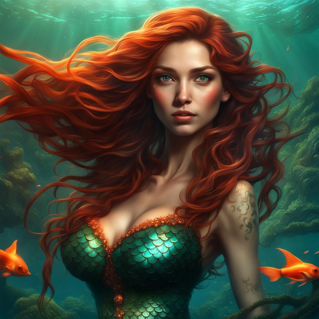 Enchanting Mermaid with Flowing Hair, Fantasy Art