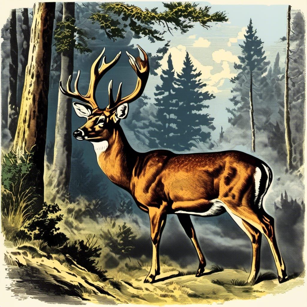 Vintage Deer Illustration in Distressed Clipart Style