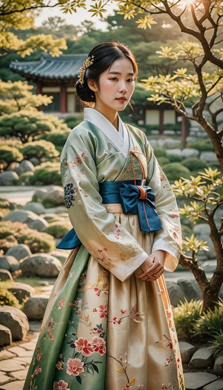 Elegant Korean Portrait in Traditional Garden