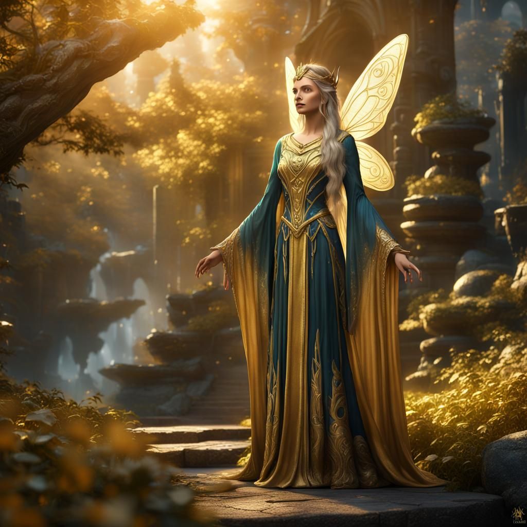 Golden Fairy in Elven Hall: Fantasy Concept Art