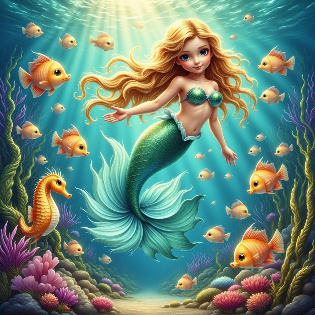 Playful Mermaid in Dreamy Digital Painting Style