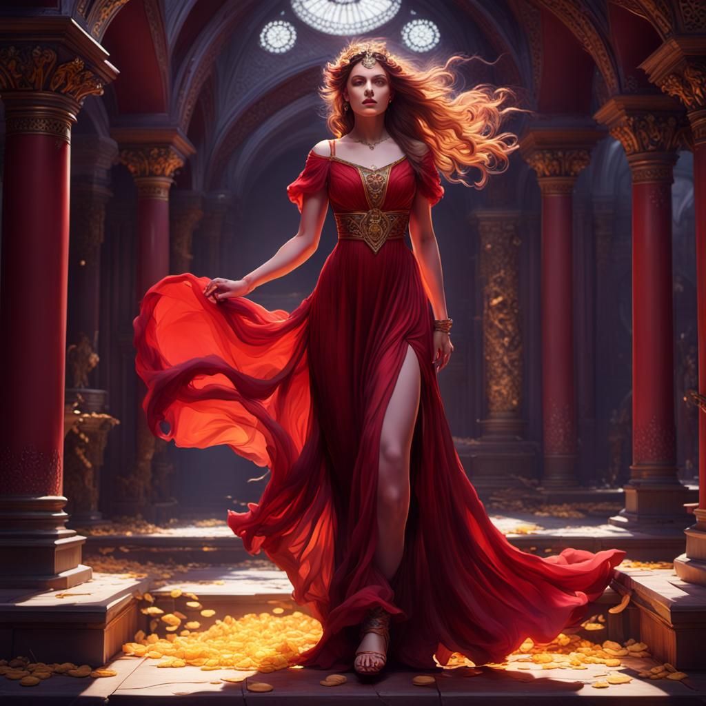 Curvy Woman in Red Dress: Dark Fantasy Art
