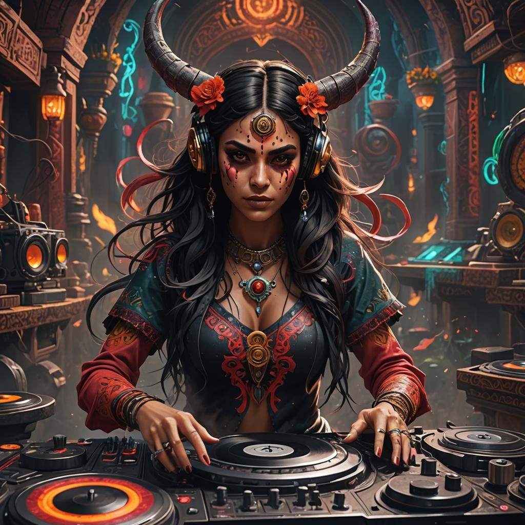 Demon Girl DJ Mixing Turntables in Fantasy Art
