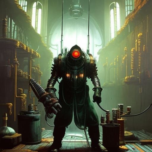 Mad Bioshock Scientist in a Dark Whimsical Lab