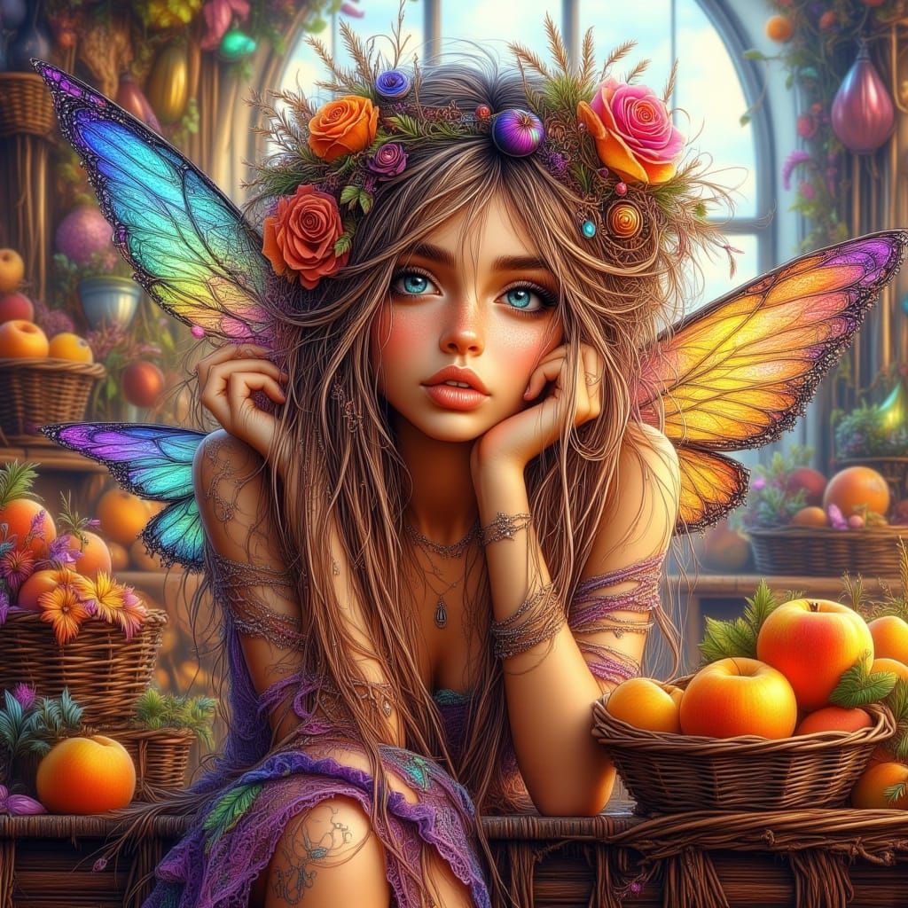 Bohemian Fairy Eating Peaches in Digital Art Style