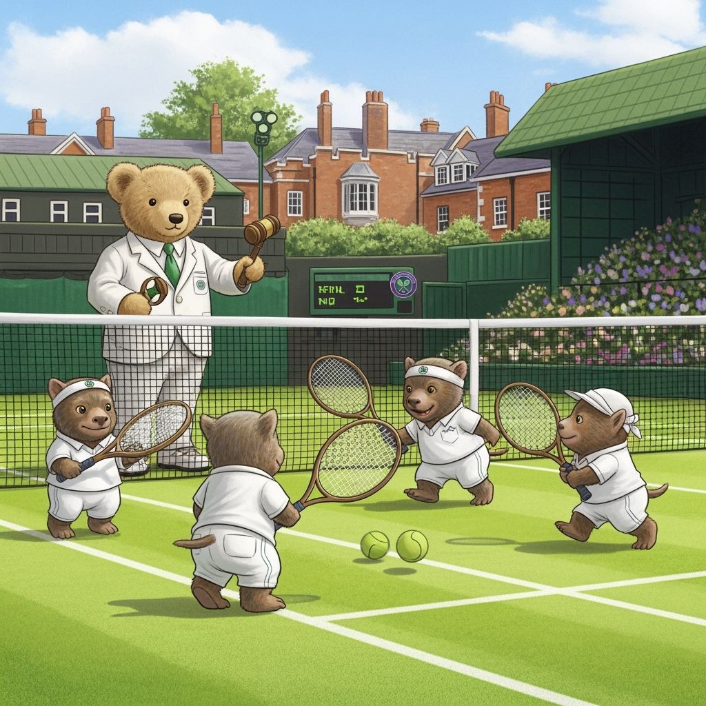 Four wombles playing mixed doubles Tennis at Wimbledon, on c...