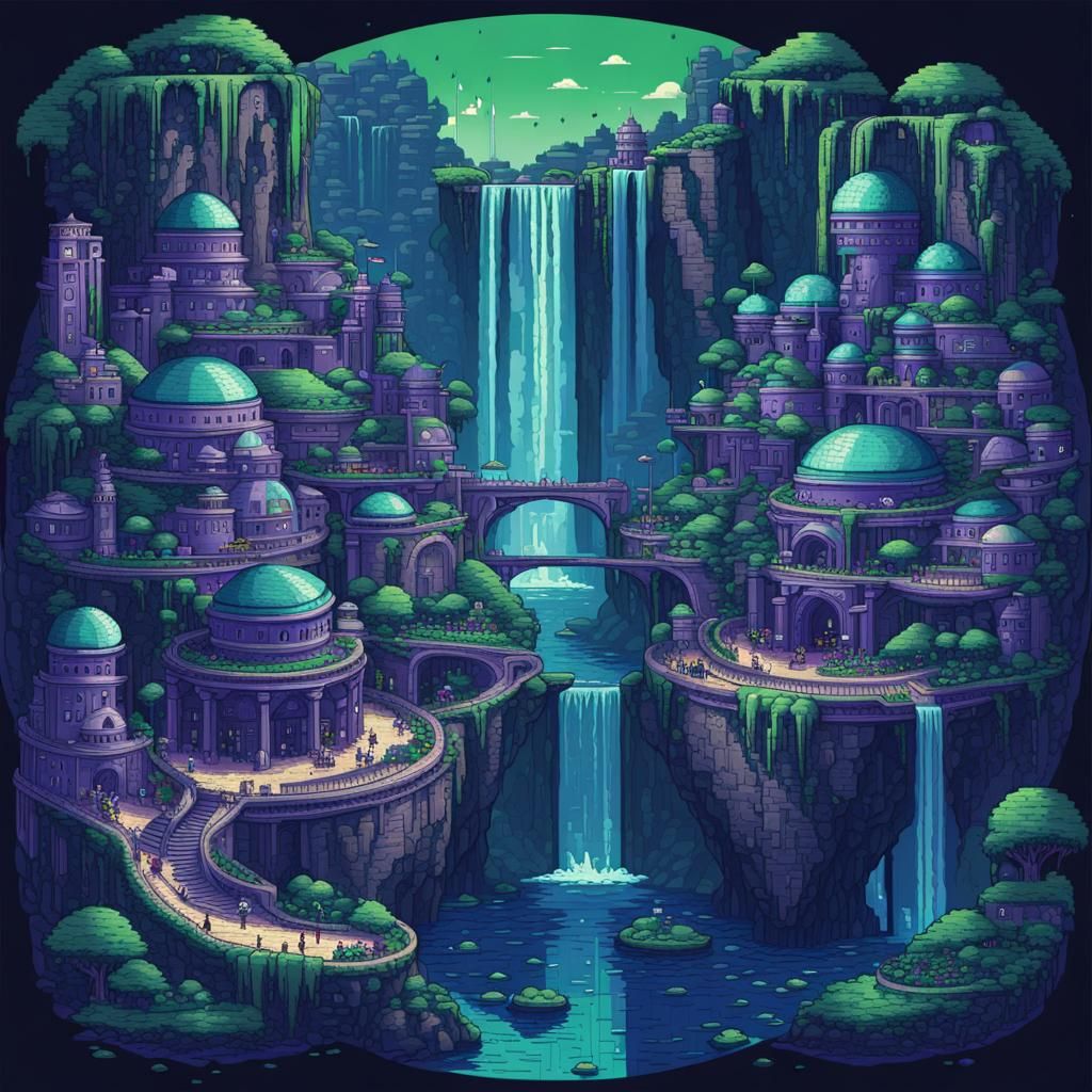 Futuristic Waterfall City in 8-bit Pixel Art