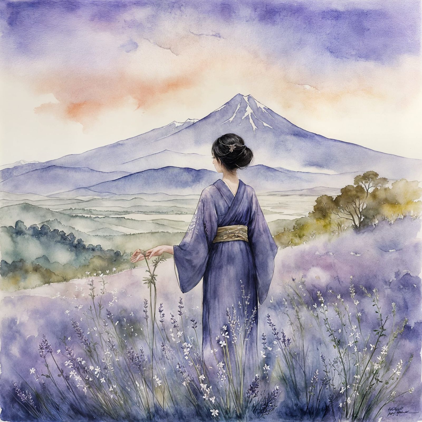 Japanese Woman Amidst Lavender Fields at Twilight