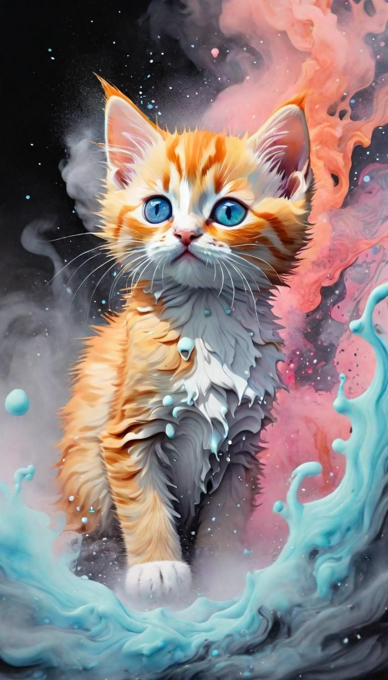 Chibi Kitten in Galactic Mist, Gouache Painting