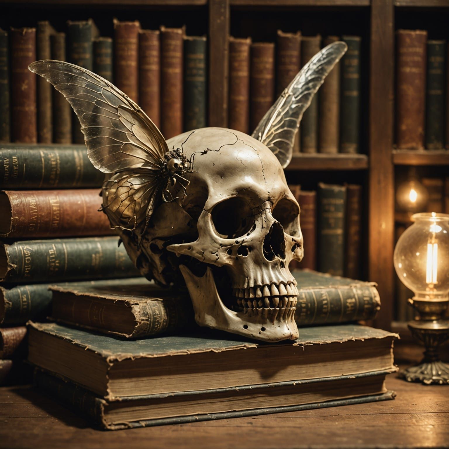 Skull with Mechanical Wing on Books in Vintage Photo Style