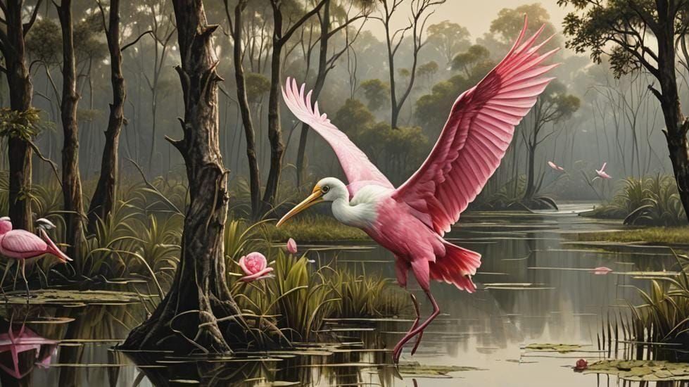 Roseate Spoonbill in Louisiana Marshland