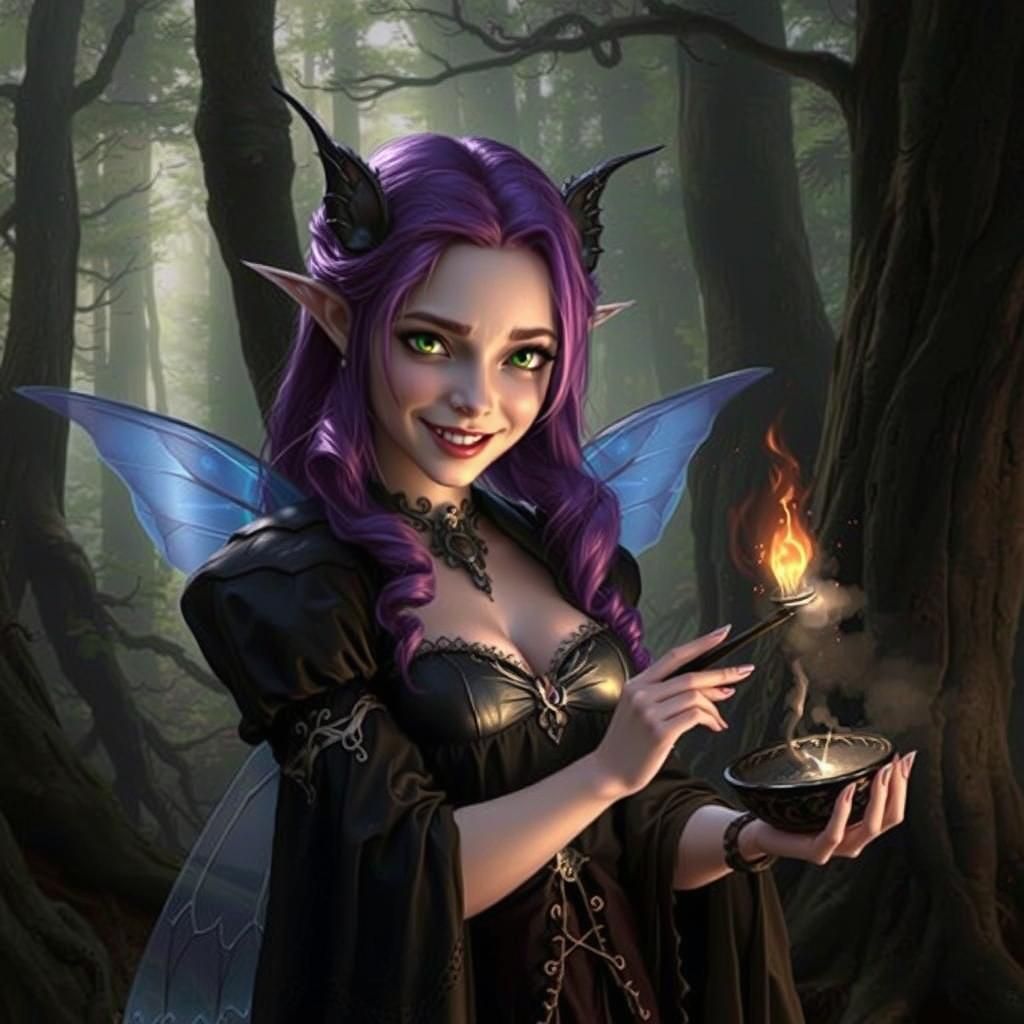 A malevolent fairy with piercing emerald eyes and a sly, Mac...