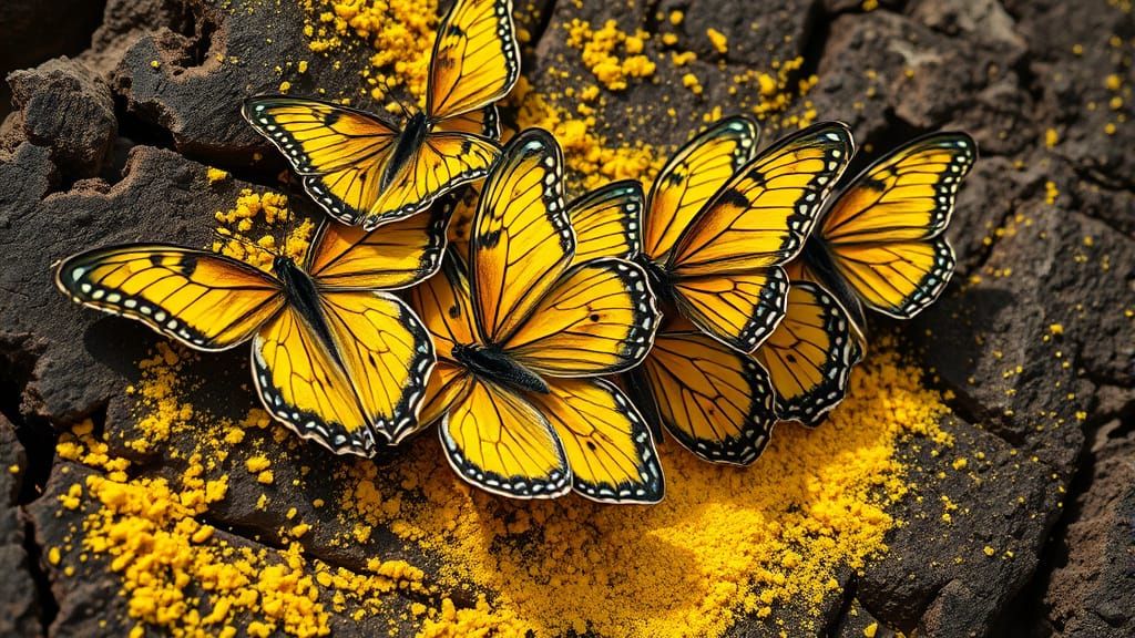 Butterflies on Dark Textured Surface with Yellow Powder