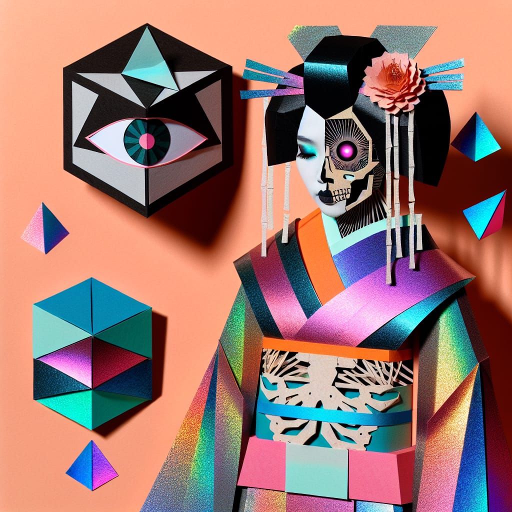 Paper Collage of Iridescent Glitch Geisha