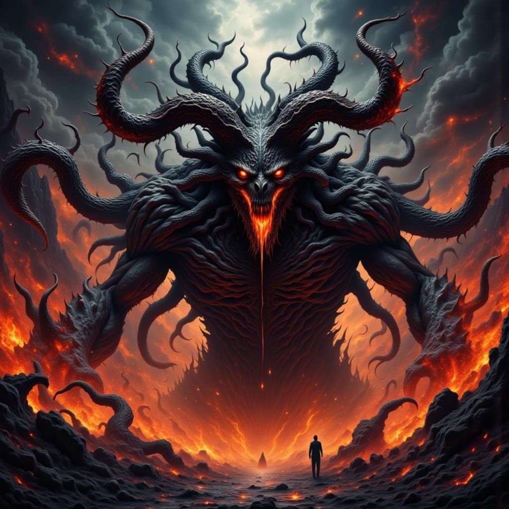 Fearsome Demon in Fiery Abyss, Dark Fantasy Horror Style