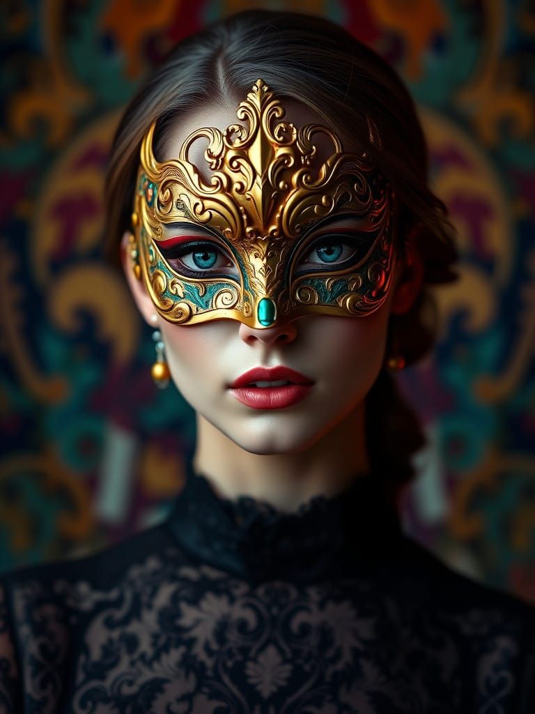 Elegant Woman in Baroque Mask with Hyperrealistic Portraitur...