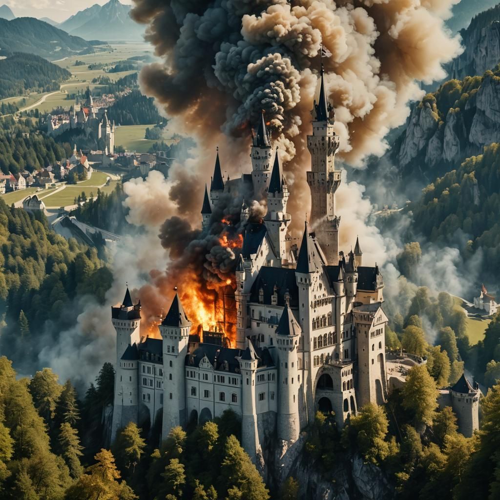 Neuschwanstein Castle Under Siege in Cinematic Style