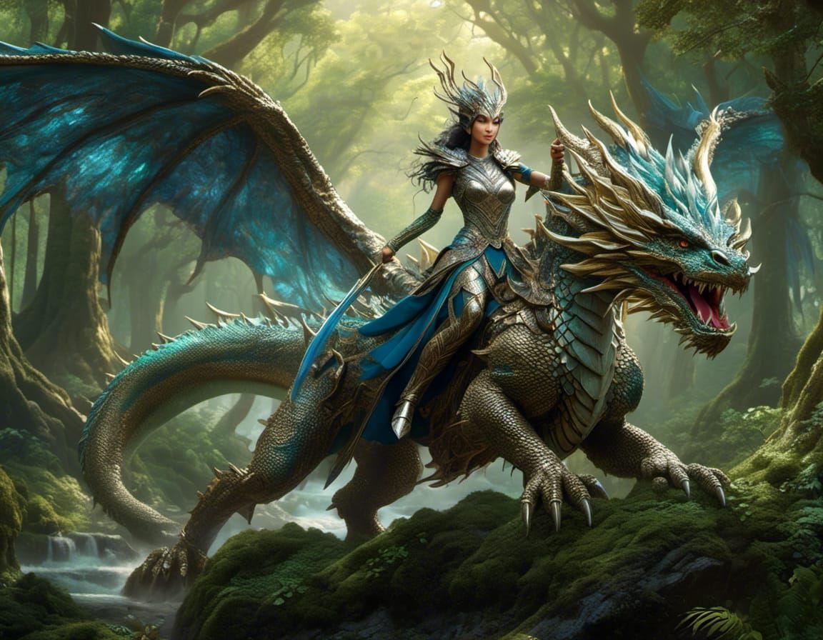 Elven Warrior Riding a Majestic Forest Dragon