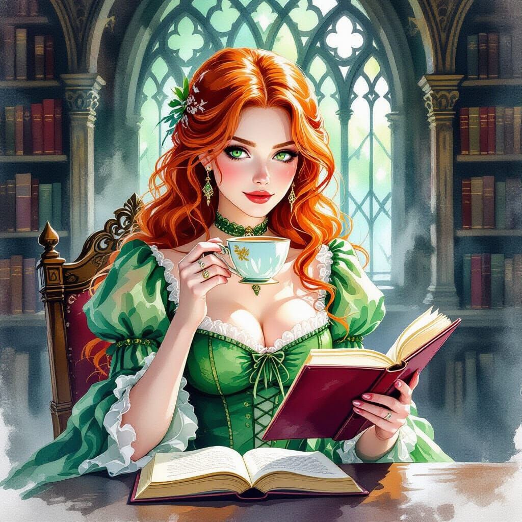 Redhead Reads in Gothic Library, Watercolor Style