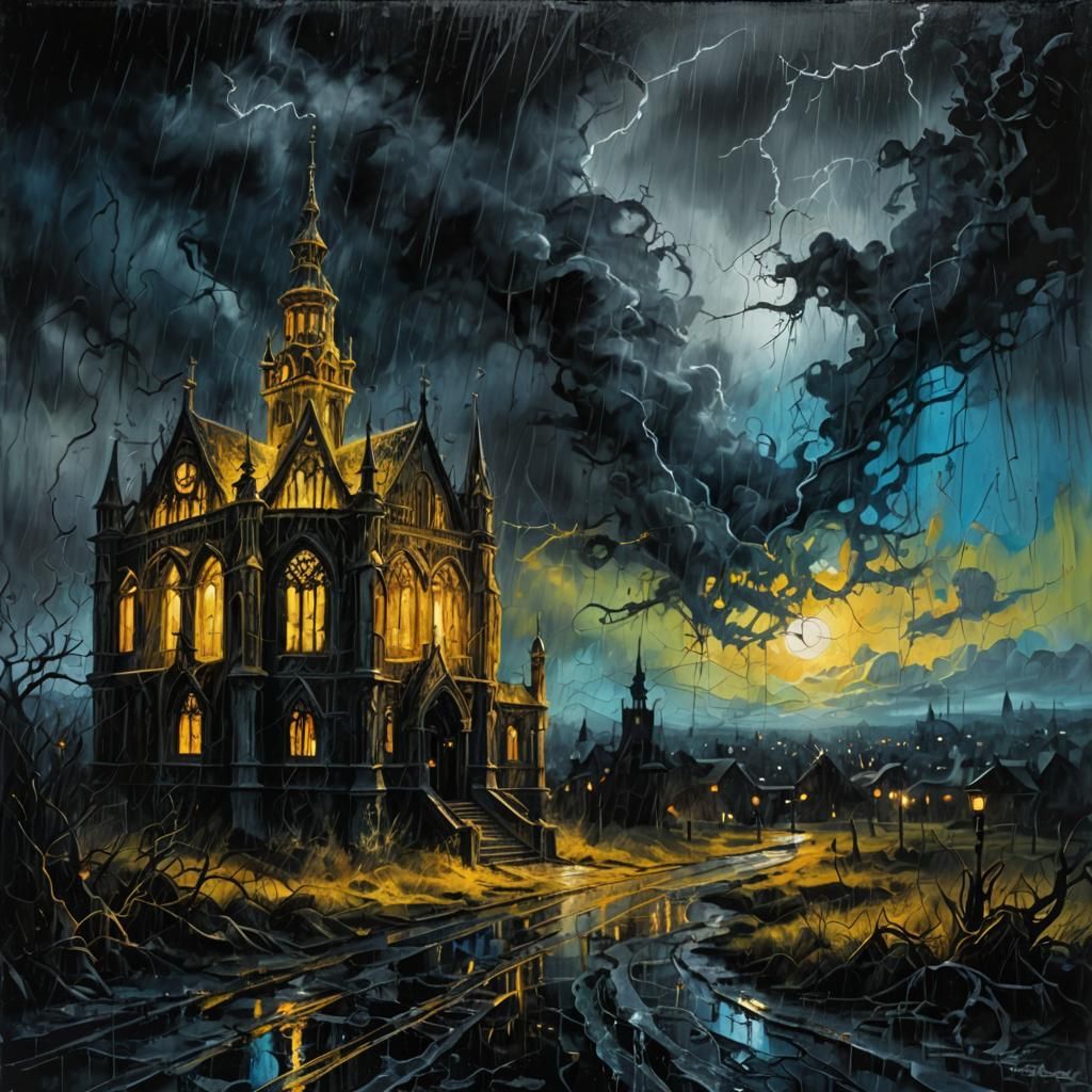 Haunting Gothic Mansion in Expressionist Oil Painting Style