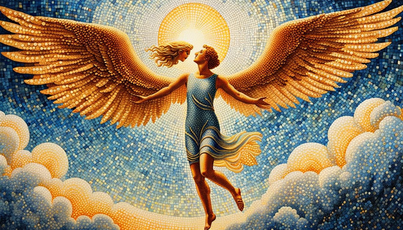 Icarus and Woman: Pointillism and Art Deco Fusion
