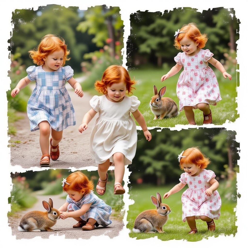 Red-Haired Twin Girls Playing Outdoors in Photo Collage