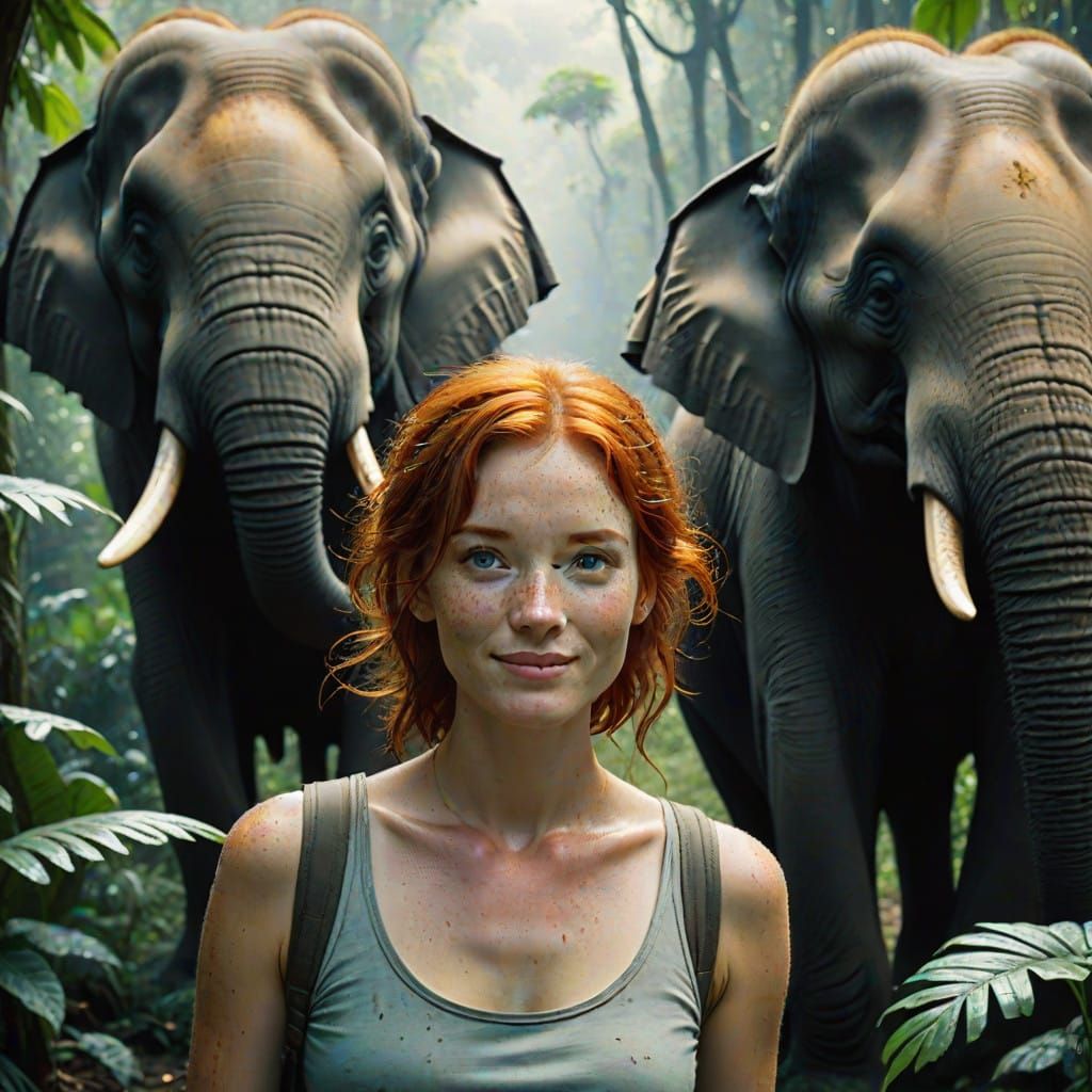Woman Amidst Majestic Elephants in a Vibrant Jungle