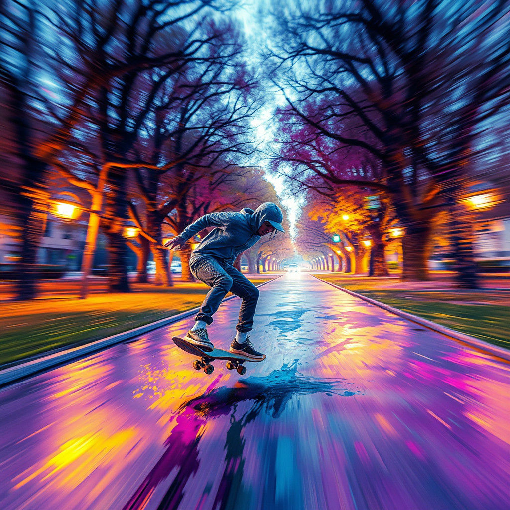 Skateboarder in Park: Alcohol Ink Wash Style