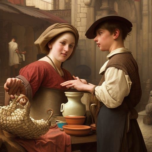 Medieval Market Pottery Scene in Digital Art Style