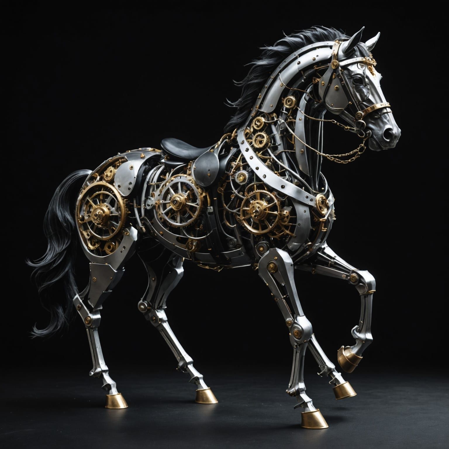 Mechanical Horse Against Black Background