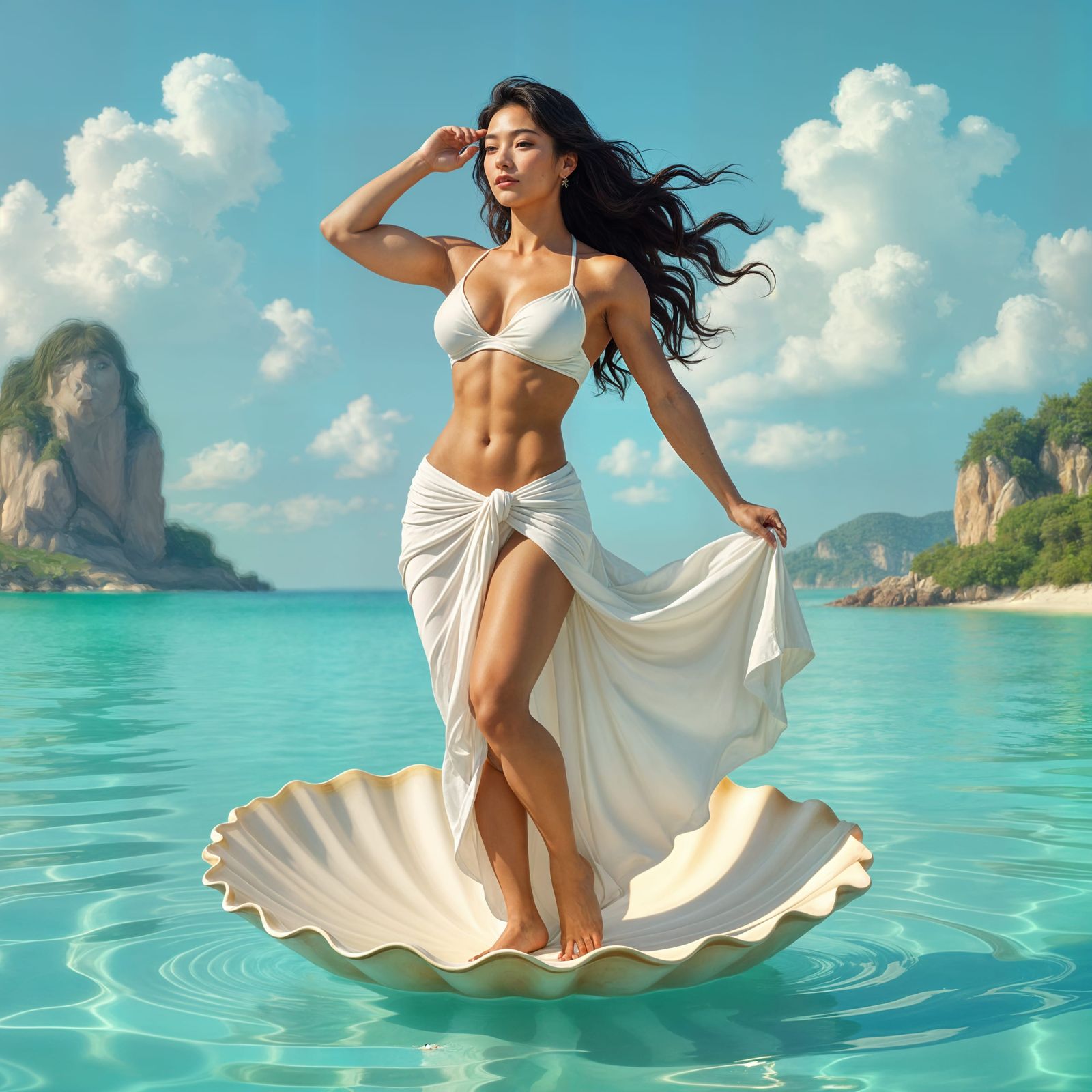 Muscular Korean Venus on Seashell in Botticelli Style