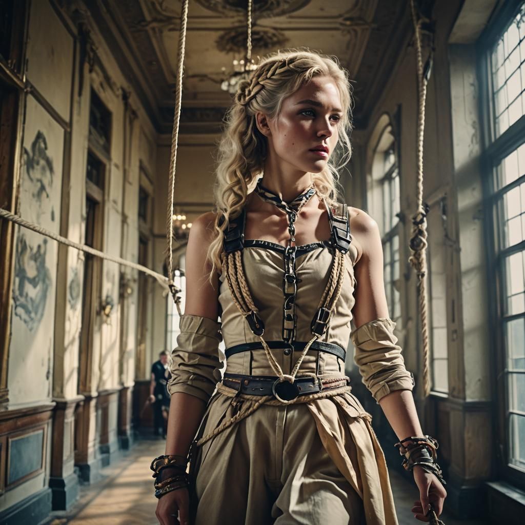 Dramatic Blonde Woman in Ballroom, Cinematic Film Still