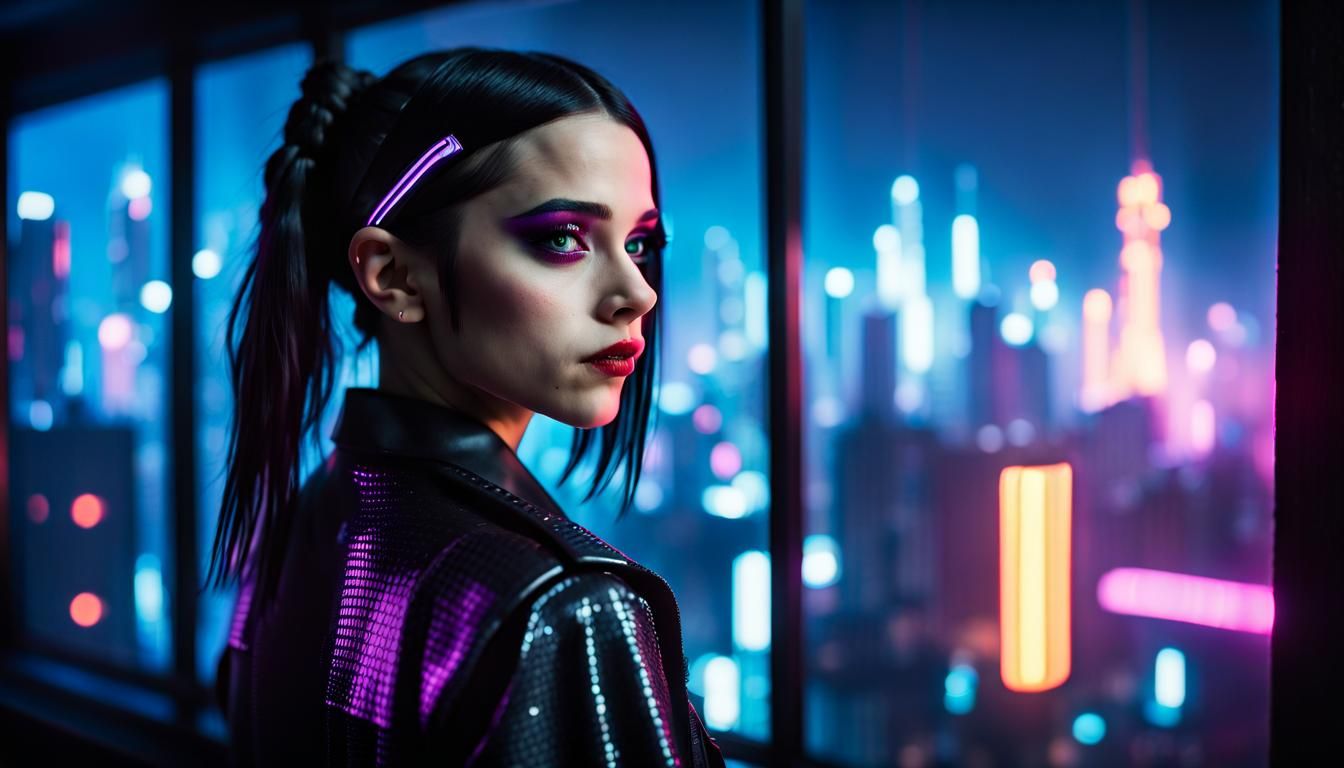Wednesday Addams in Cyberpunk Apartment with Neon City View