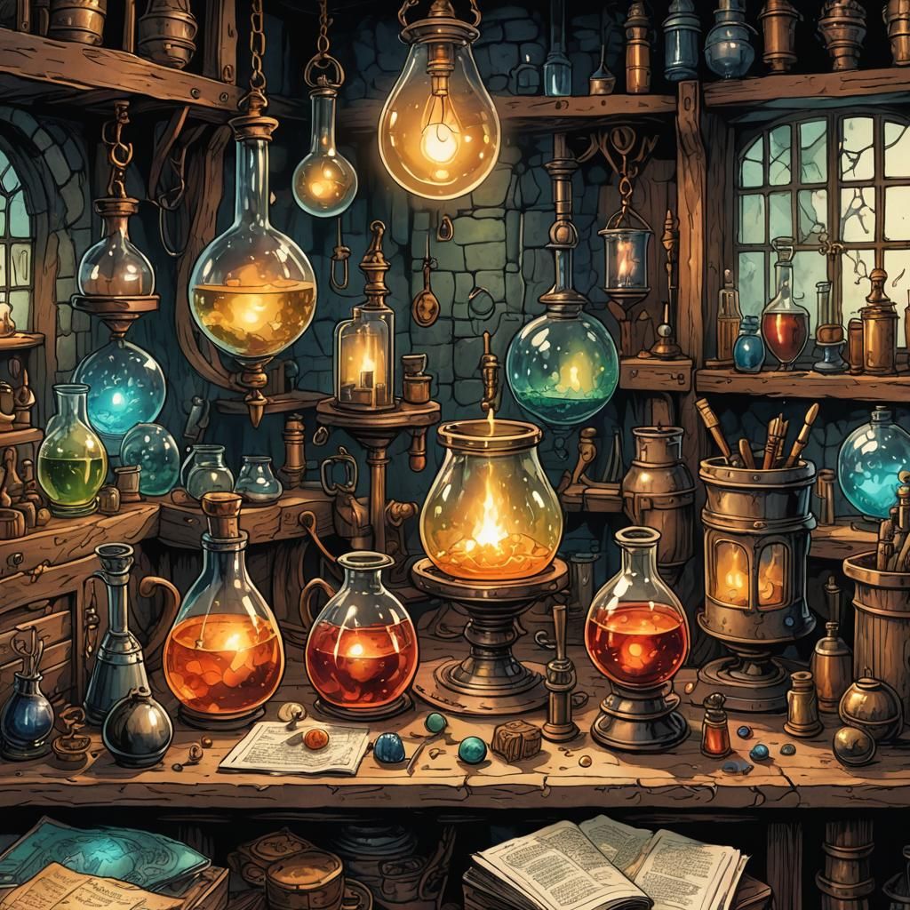 Medieval Alchemy Lab in Retro D&D Style