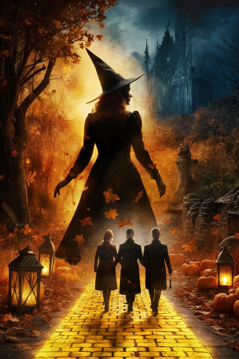 Witch Silhouette Double Exposure in Autumn Forest