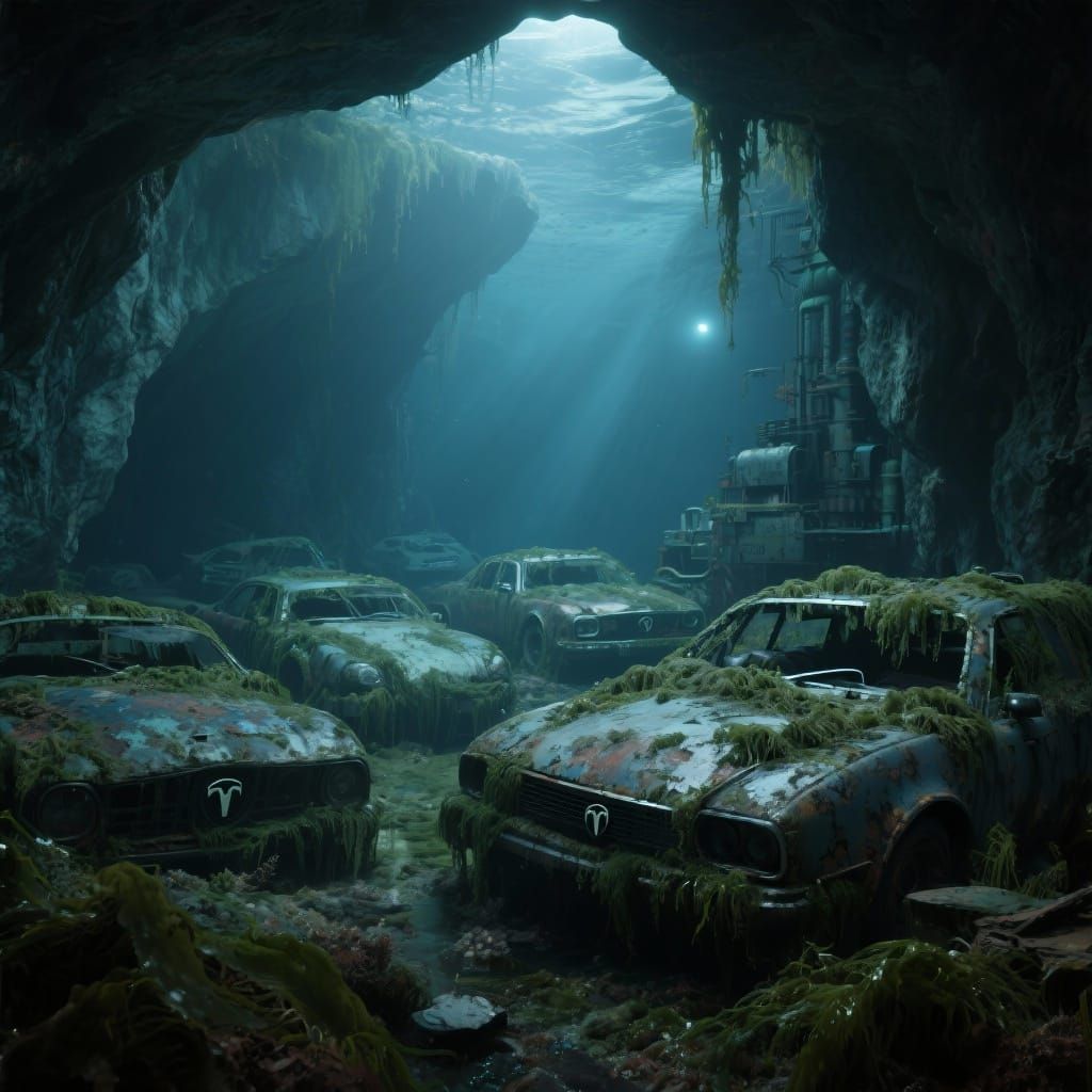 Submerged Vintage Tesla Cars in Eerie Cave System