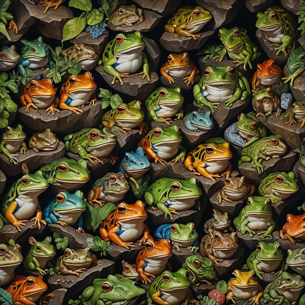 Hyperrealistic Maximalist Meeting of People, Frogs and Rabbi...