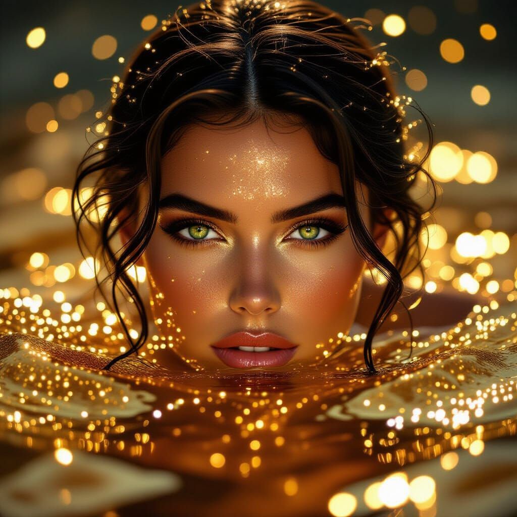 Woman's Face Emerges From Molten Gold Glitter Pool