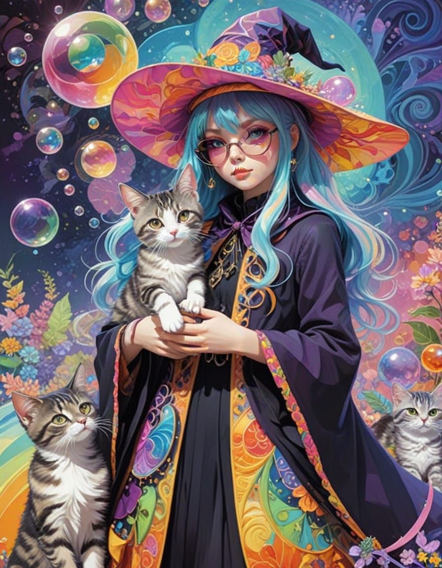 Vibrant Psychedelic Witch in a Whimsical Garden