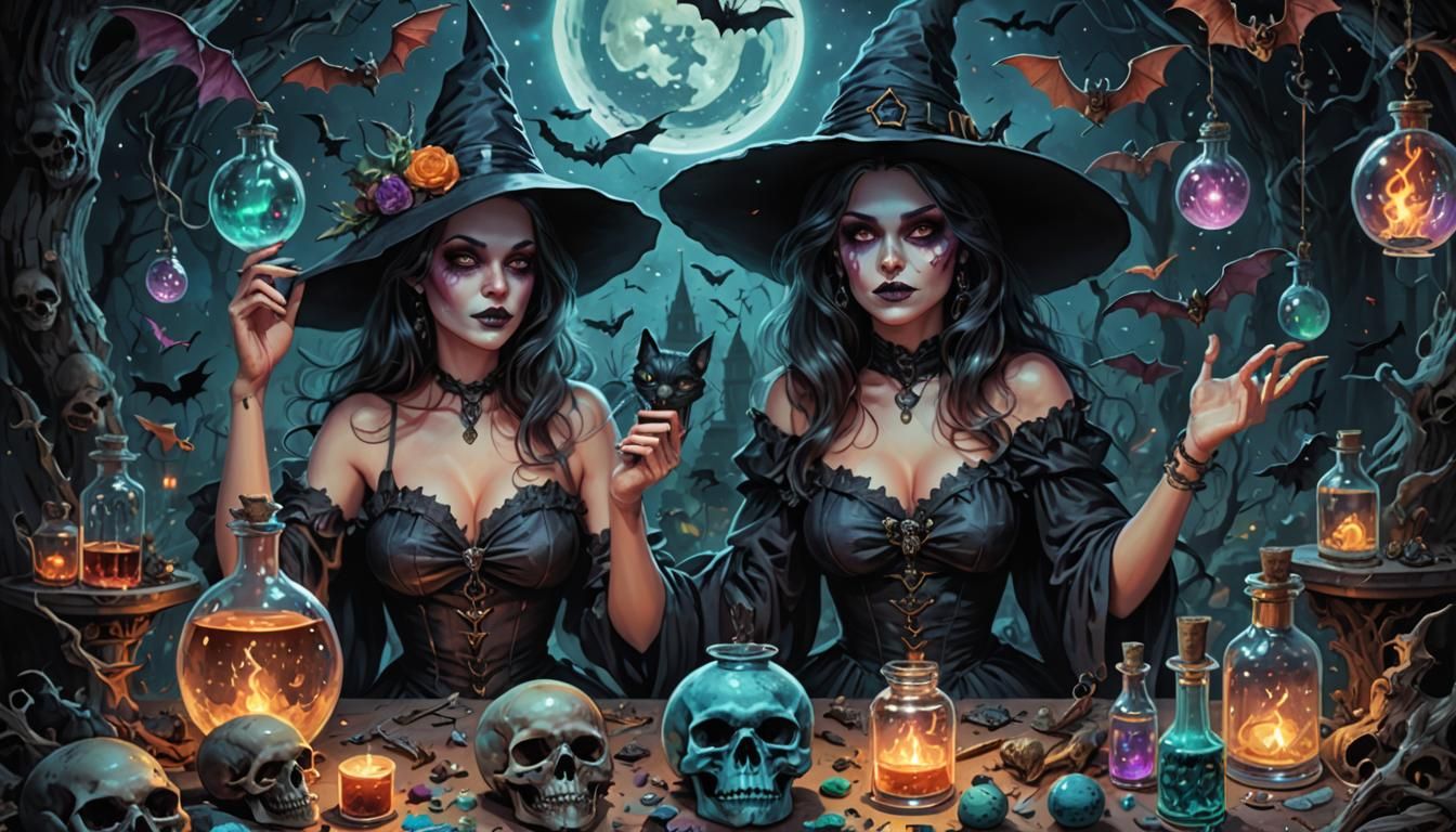 Holographic Witch Pinup with Potions and Skulls