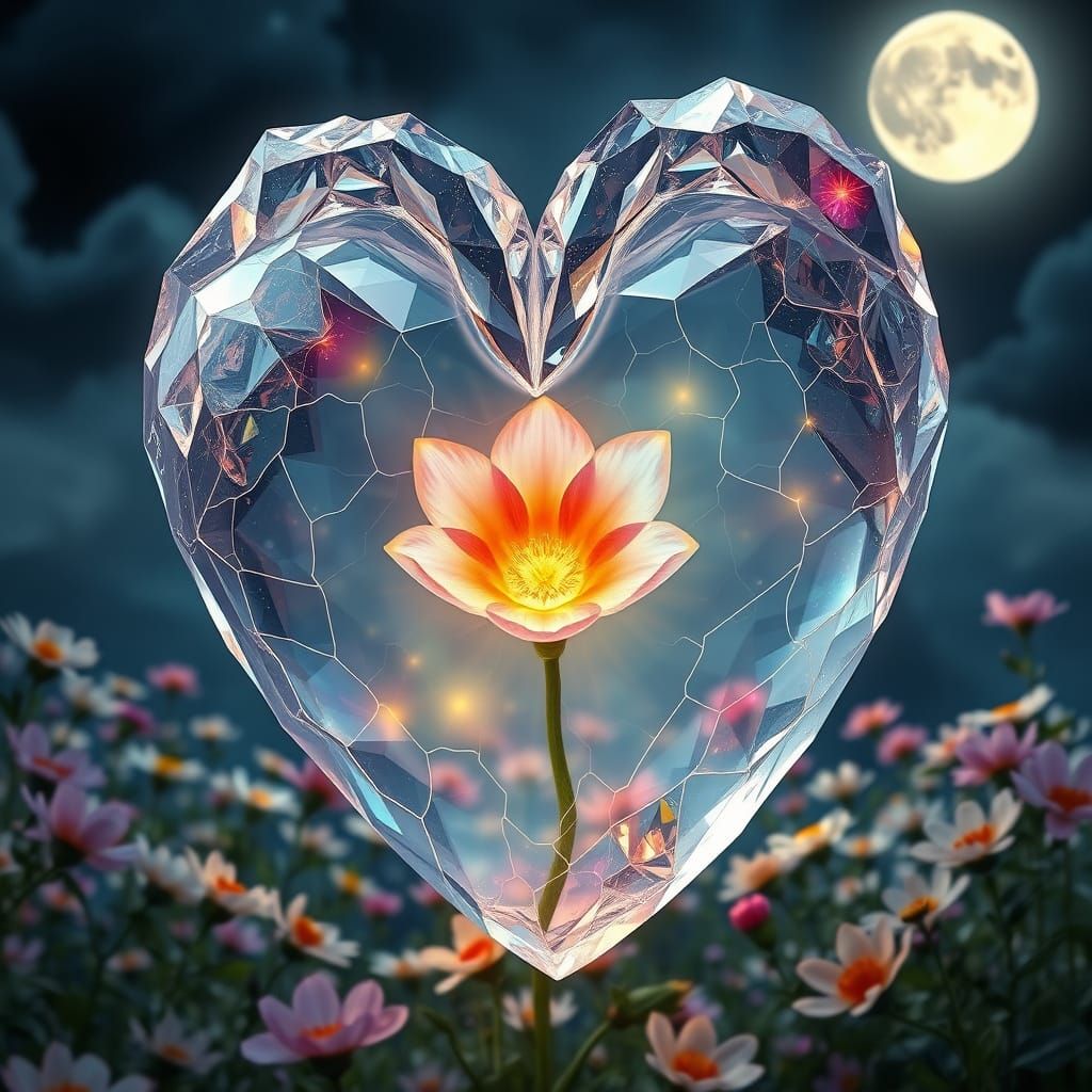 Glowing Bismuth Heart with Flower in Moonlit Fairytale Lands...
